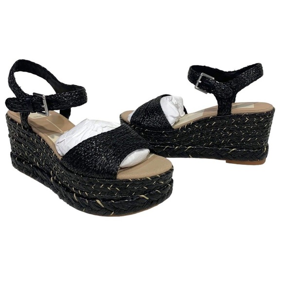 Dolce Vita | Wedge Sandals Tiago Black Raffia NEW Buckle- Size 8.5 - Picture 1 of 9